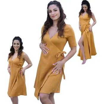 Dámské šaty ESITO | Dámské mušelínové zavinovací šaty Ellena Ochre - okrová / 38 - krátké / Krátký rukáv