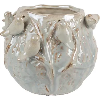Květináč Modrý terakotový obal na květináč zdobený ptáčky - 22*21*17 cm