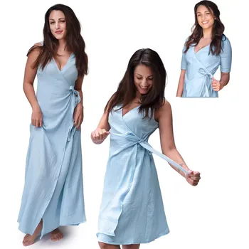 Dámské šaty ESITO | Dámské mušelínové zavinovací šaty Ellena Blue - modrá / 38 - dlouhé / Bez rukávu