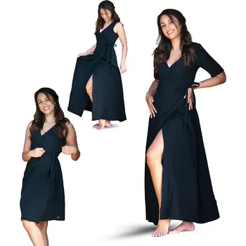 Dámské šaty ESITO | Dámské mušelinové zavinovací šaty Ellena Black - černá / 46 - krátké / Krátký rukáv