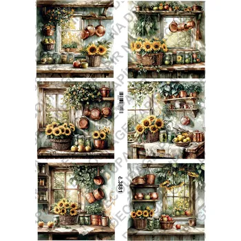 Umělecký papír Rýžový a soft papír na decoupage - Kuchyně okno slunečnice - KB03881 Materiál: Soft, Rozměr: A4