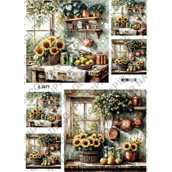Umělecký papír Rýžový a soft papír na decoupage - Kuchyně okno slunečnice - KB03877 Materiál: Soft, Rozměr: A4