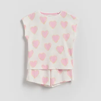 Dívčí spodní prádlo Reserved - Dvoudílná pyžamová souprava se srdíčky - krémová - 100FQ-01X - 100FQ-01X-U15