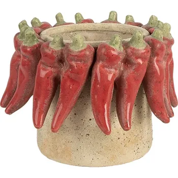 Květináč Béžový antik terakotový obal na květináč s papričkami M - Ø 17*13 cm