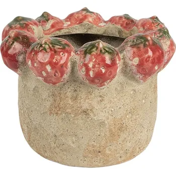 Béžový antik terakotový obal na květináč s jahůdkami M - Ø 15*12 cm
