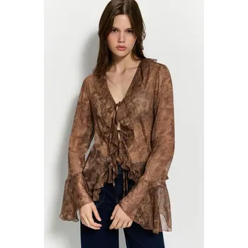 Dámské tričko Halenka s ozdobným volánem - M - House - hnědý - 559HG-88P