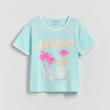 Dívčí tričko Reserved - Tričko s třpytivým potiskem - bledá tyrkysová - 561GW-06X - 561GW-06X-U14