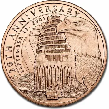 Měděná, medaile, 1 oz, 20. výroč,í 11. září 2001