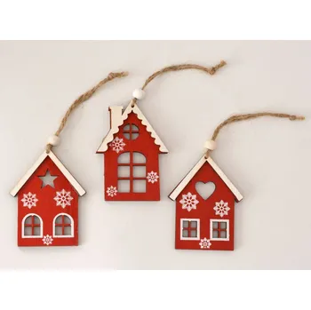 Dřevěná dekorace - Červené domečky k zavěšení - vzor C