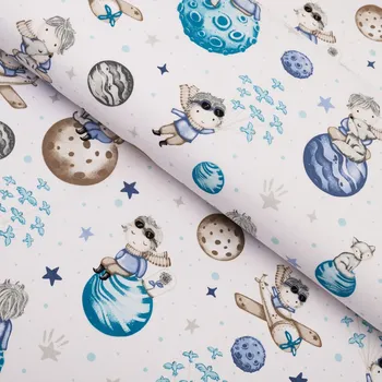 Dětská bavlněná látka/plátno Sandra SA-644 Malý modrý princ na bílém - šířka 160 cm