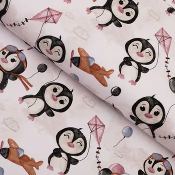 Dětská bavlněná látka/plátno Sandra SA-647 Tučňáčci s hnědými letadélky na bílém - šířka 160 cm