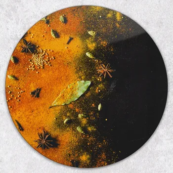 Kuchyňské prkénko Kulaté prkénko z Tvrzené Sklo s ozdobným motivem zeleniny a koření, průměr 40 cm