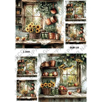Umělecký papír Rýžový a soft papír na decoupage - Kuchyně okno slunečnice - KB03880 Materiál: Soft, Rozměr: A4