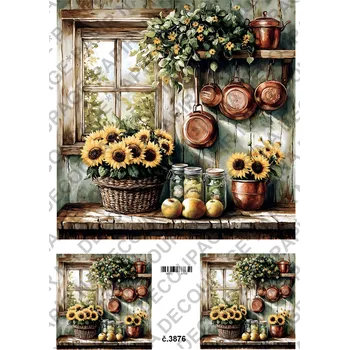 Umělecký papír Rýžový a soft papír na decoupage - Kuchyně okno slunečnice - KB03876 Materiál: Soft, Rozměr: A4