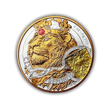 Stříbrná mince 2 oz Český lev duálně zlacený červený zirkon