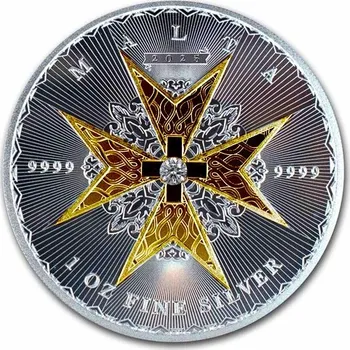 Stříbrná mince 1 oz Maltézský kříž 2025 Zlacený se zirkonem a Antique Finish