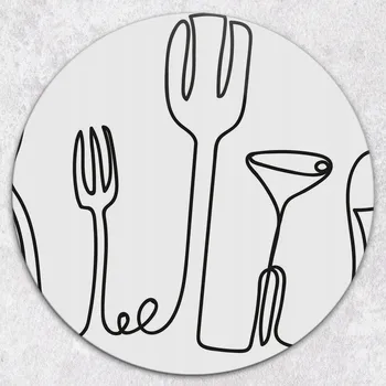 Kuchyňské prkénko Kulaté Skleněné Prkénko do Kuchyně S Potiskem Minimalistické Příbory průměr 40 cm