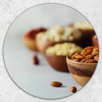 Kuchyňské prkénko Kulaté skleněné prkénko s dekorativním potiskem Misky s ořechy, průměr 40 cm