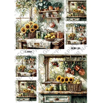 Umělecký papír Rýžový a soft papír na decoupage - Kuchyně okno slunečnice - KB03884 Materiál: Soft, Rozměr: A4