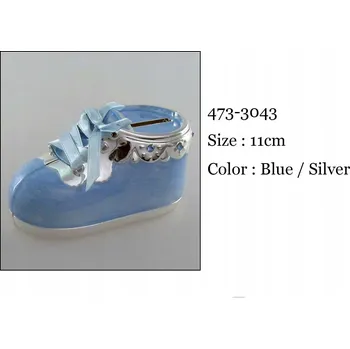 Pokladnička Kovová pokladnička stříbrná botička modrá pro chlapce Gravírování Dárek