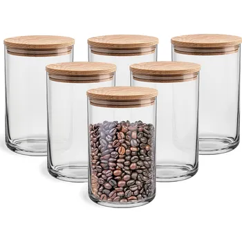 Dóza na potraviny Skleněné NÁDOBY NA POTRAVINY s dřevěným víkem 6x15 cm POLSKÉ SKLO