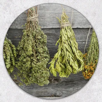 Kuchyňské prkénko Kulaté Kuchyňské Skleněné Prkénko s Grafikou Sušené Bylinky, tvrzené, průměr 40 cm