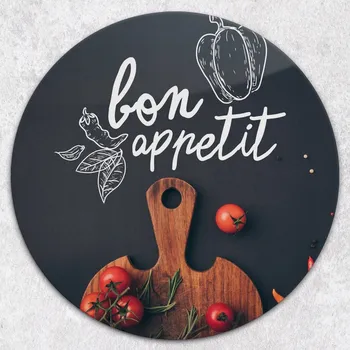 Kuchyňské prkénko Odolné a stylové kulaté skleněné prkénko s motivem Bon Apetit, průměr 40 cm