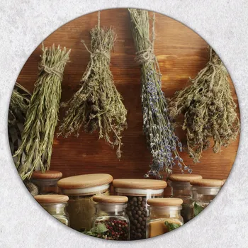 Obraz Odolná a stylová kulatá skleněná deska s motivem bylinek a koření, průměr 40 cm