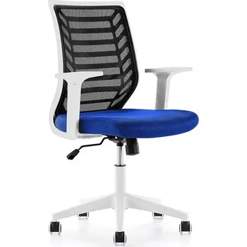 Kancelářská židle Rocada 907W-3, modrý látkový sedák, černé síťované opěradlo, bílá konstrukce, nastavitelné područky
