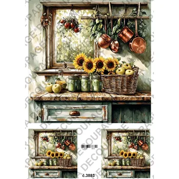 Umělecký papír Rýžový a soft papír na decoupage - Kuchyně okno slunečnice - KB03883 Materiál: Soft, Rozměr: A4