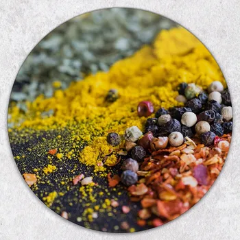 Obraz Odolná a stylová kulatá skleněná deska s motivem zeleniny a koření, průměr 40 cm