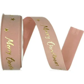 Stuha Stuha vánoční sametová VELUTTO MERRY CHRISTMAS PINK růžová 25mm x 3m (10,-Kč/m) (Vánoční stuha sametová, růžová, zlatá ražba)