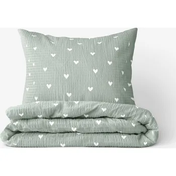 Povlečení Krepové povlečení - Srdíčka na šalvějově zeleném 140 x 200 a 70 x 90 cm