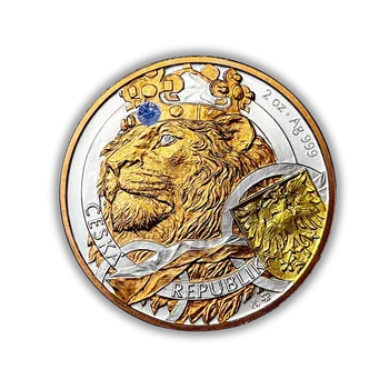 Silverstar Stříbrná mince 2 oz Český lev duálně zlacený modrý zirkon