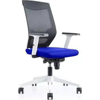 Kancelářská židle Rocada 908W-3, modrý látkový sedák, černé síťované opěradlo, bílá konstrukce, nastavitelné područky a bederní opěra