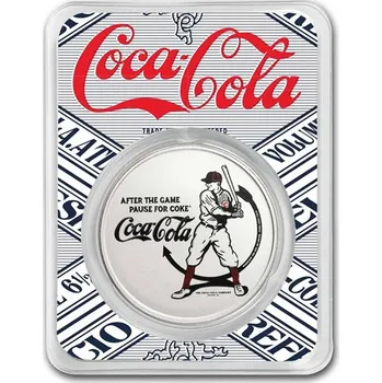 Apmex Stříbrná medaile 1 oz Coca Cola Vintage Baseballer Kolorovaná TEP Coca Cola Odpalovač baseballista