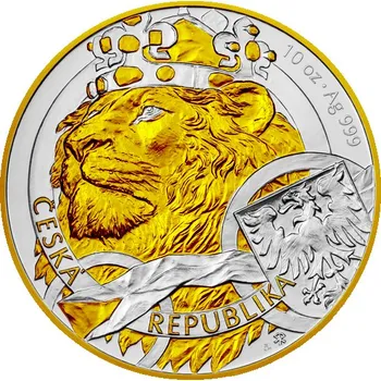 Stříbrná mince 10 oz Český lev 2025 Zlacená v luxusní dřevěné etui Stříbrná mince 10 oz Český lev 2025 Zlacená v luxusní dřevěné etui