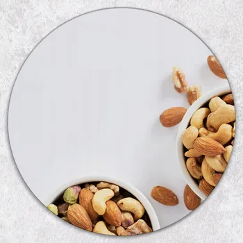 Kuchyňské prkénko Kulatá skleněná kuchyňská deska na krájení s grafikou Misky Oříšků A Sušených Ovocí fi 40 cm