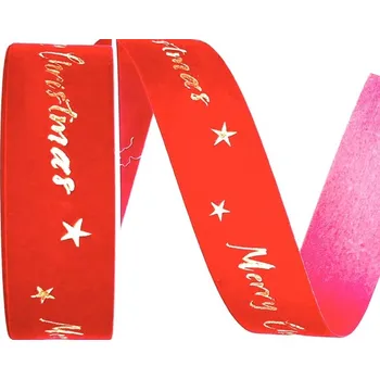 Stuha Stuha vánoční sametová VELUTTO MERRY CHRISTMAS RED červená 25mm x 3m (10,-Kč/m) (Vánoční stuha sametová, červená, zlatý potisk)