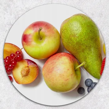 Obraz Kulaté prkénko z Tvrzené Sklo s ozdobným vzorem hrušky a jablek, průměr 40 cm