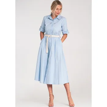 Dámské šaty Světle modré košilové midi šaty s kamínkovými ozdobami M1215 Blue Velikost: S/M