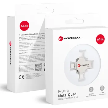 USB flash disk FORCELL F-DATA pendrive Metal Quad 64GB USB3.2 Gen 1 (USB A / Type C / Lightning / Micro USB) stříbrný