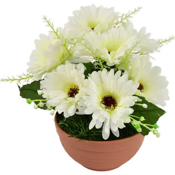 umělá květina Gerbery krémové 7 květů v terakotové misce Ø22/ 24 cm