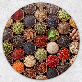 Obraz Odolná a stylová kulatá skleněná deska s motivem zeleniny a koření, průměr 40 cm