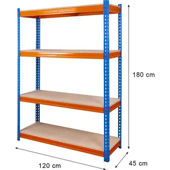 Skladový kontejner Mobler Skladovací regál Pro Max 180x120x45 cm 4 police 15 mm dřevotříska (500 kg) modrá/oranžová