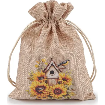 Dárkový pytlík slunečnice 13x18 cm imitace juty, barva 2 režná přírodní ptáček