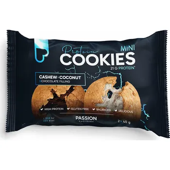Čokoláda Passion nutrition Passion plněné proteinové mini cookies 2x40g Kešu a kokos Náplň: bílá a tmavá čokoláda