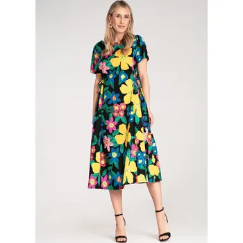 Dámské šaty Tmavě modré midi šaty se stahovacími šňůrkami a květinovým potiskem M1218 Black Velikost: ONE SIZE