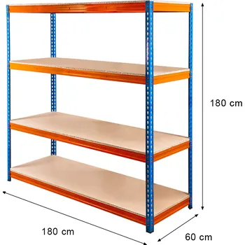 Skladový kontejner Mobler Skladovací regál Pro Max 180x180x60 cm 4 police 15 mm dřevotříska (500 kg) modrá/oranžová