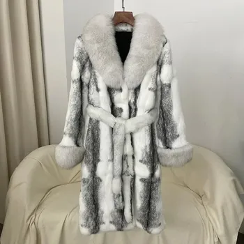Dámský kabát Zelený kabát s límcem z liščí kožešiny a králičí podšívkou Velikost: XL, Barva (Varianta): White fur belt